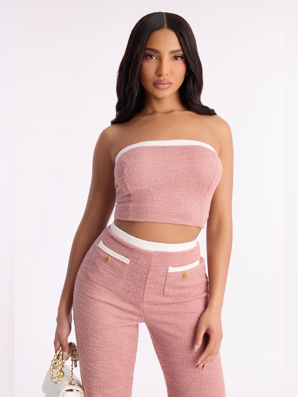 High-Waist Wide-Leg Pants & Strapless Crop Top Set in Mauve - Picture 2 of 6